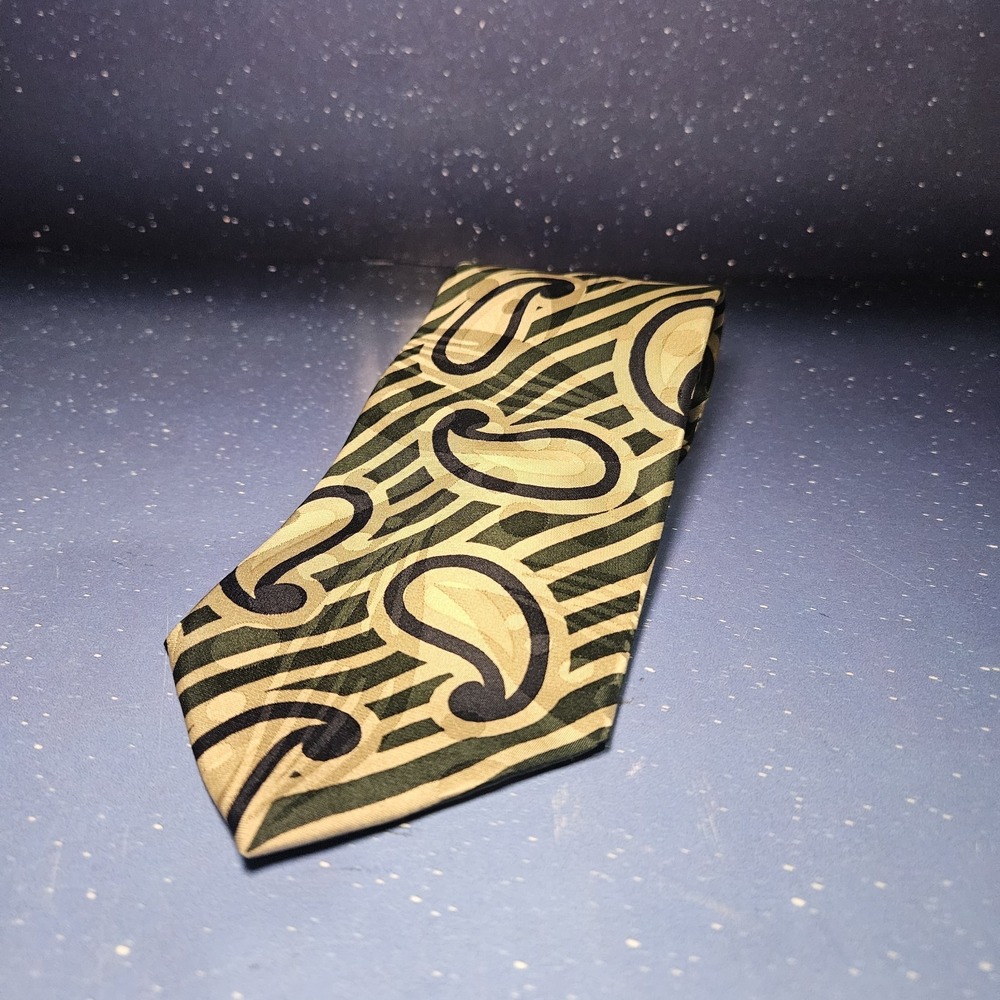 BOSS Hugo Boss Silk Neck Tie Paisley Print Retro Beige Green